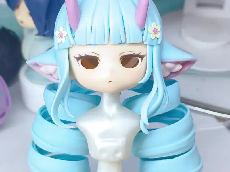 水色ロング縦ロールヘアパーツ — 角・エルフ耳・花飾り付き